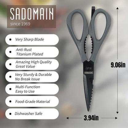 Kitchen Scissors All Purpose, Extra Sharp Kitchen Shears with Knife Sharpener & Sheath, Solid & Durable Stainless Steel Scissors with ANTI-RUST Black Titanium Plated, Dishwasher Safe - Green
