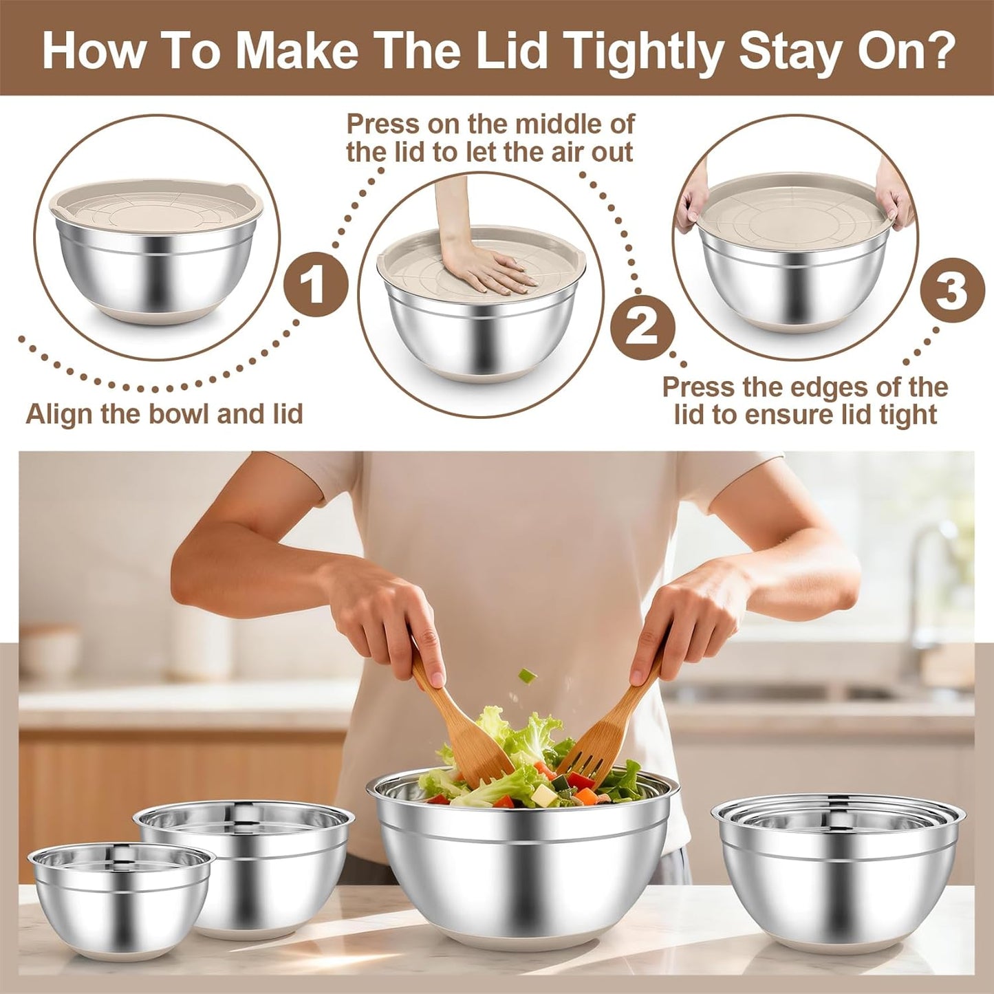 TeamFar Mixing Bowls, Black Mixing Bowls with Lids Set, Stainless Steel Nesting Salad Bowl with Air-tight Lid & Silicone Bottom, Non Slip & Stackable - Set of 6-4.6/2.6/2 / 1.5/1 / 0.7 Qt