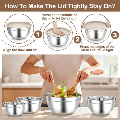 TeamFar Mixing Bowls, Black Mixing Bowls with Lids Set, Stainless Steel Nesting Salad Bowl with Air-tight Lid & Silicone Bottom, Non Slip & Stackable - Set of 6-4.6/2.6/2 / 1.5/1 / 0.7 Qt