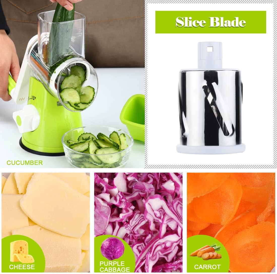 Ourokhome Rotary Cheese Grater Hand Crank, Kitchen Shredder Speed Mandolin Slicer Nut Grinder with Handle and Drum Blades for Cheese, Vegetable, Walnut, Chocolate, Potato, Carrot, 3 Blades, Dark Blue