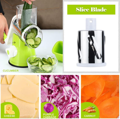 Ourokhome Rotary Cheese Grater Hand Crank, Kitchen Shredder Speed Mandolin Slicer Nut Grinder with Handle and Drum Blades for Cheese, Vegetable, Walnut, Chocolate, Potato, Carrot, 3 Blades, Dark Blue