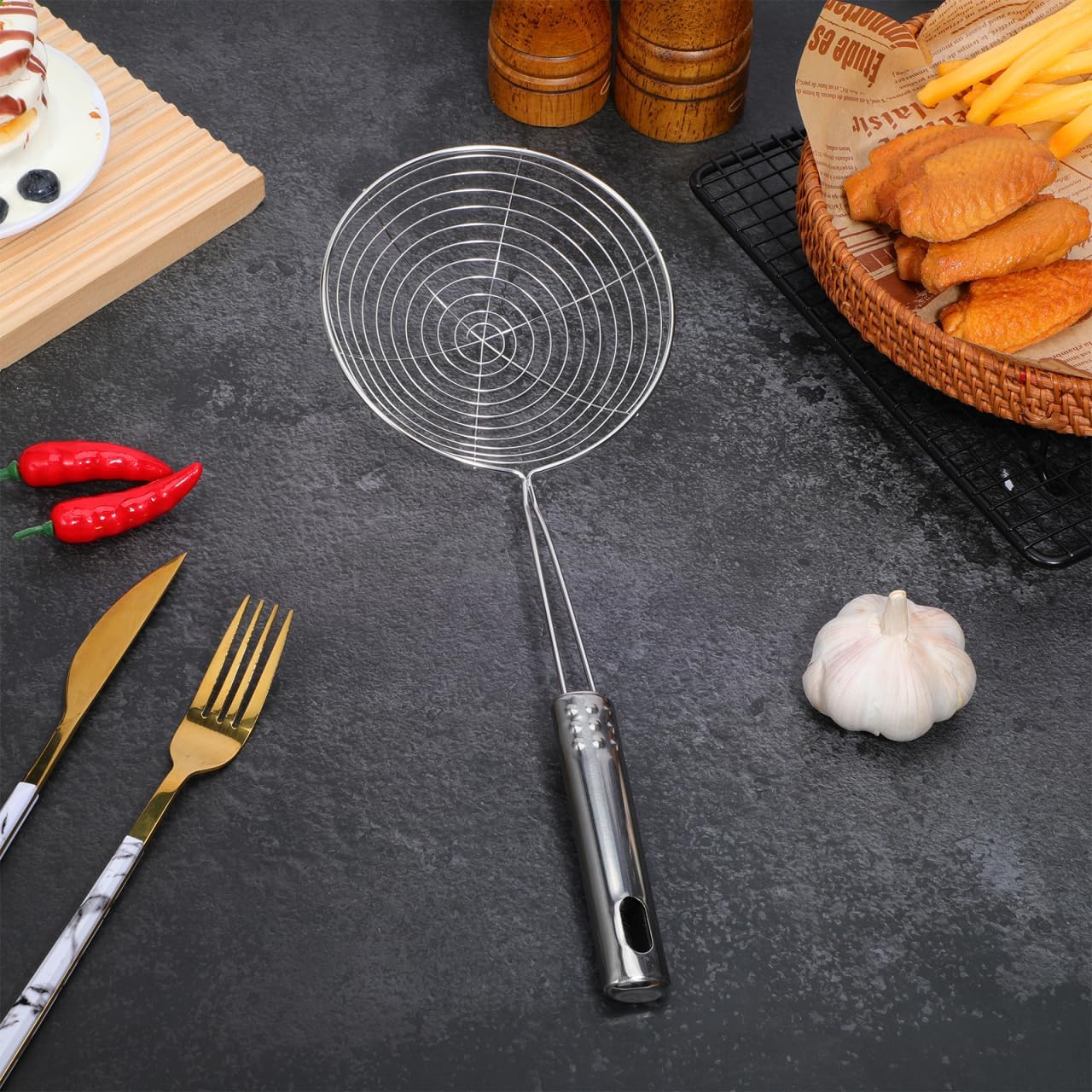 Zerodeko Stainless Steel Skimmer Spoon 12.99In Wire Mesh Strainer with Long Handle for Kitchen Cooking Frying and Serving Food