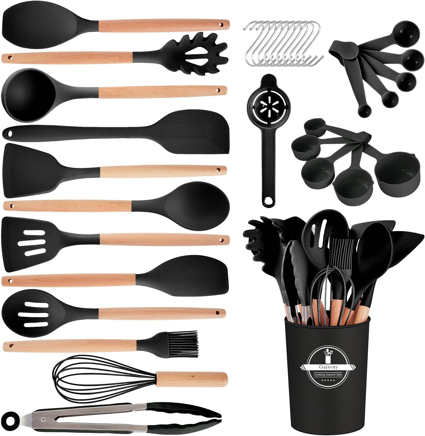 Kitchen Utensils Set - 34 PCS Non-Stick Silicone Cooking Utensils Set Spatula Set with Holder, Wooden Handle Spoon,Brush,Whisk Kitchen Gadgets Tools Set for Nonstick Cookware (Cream White-34P)