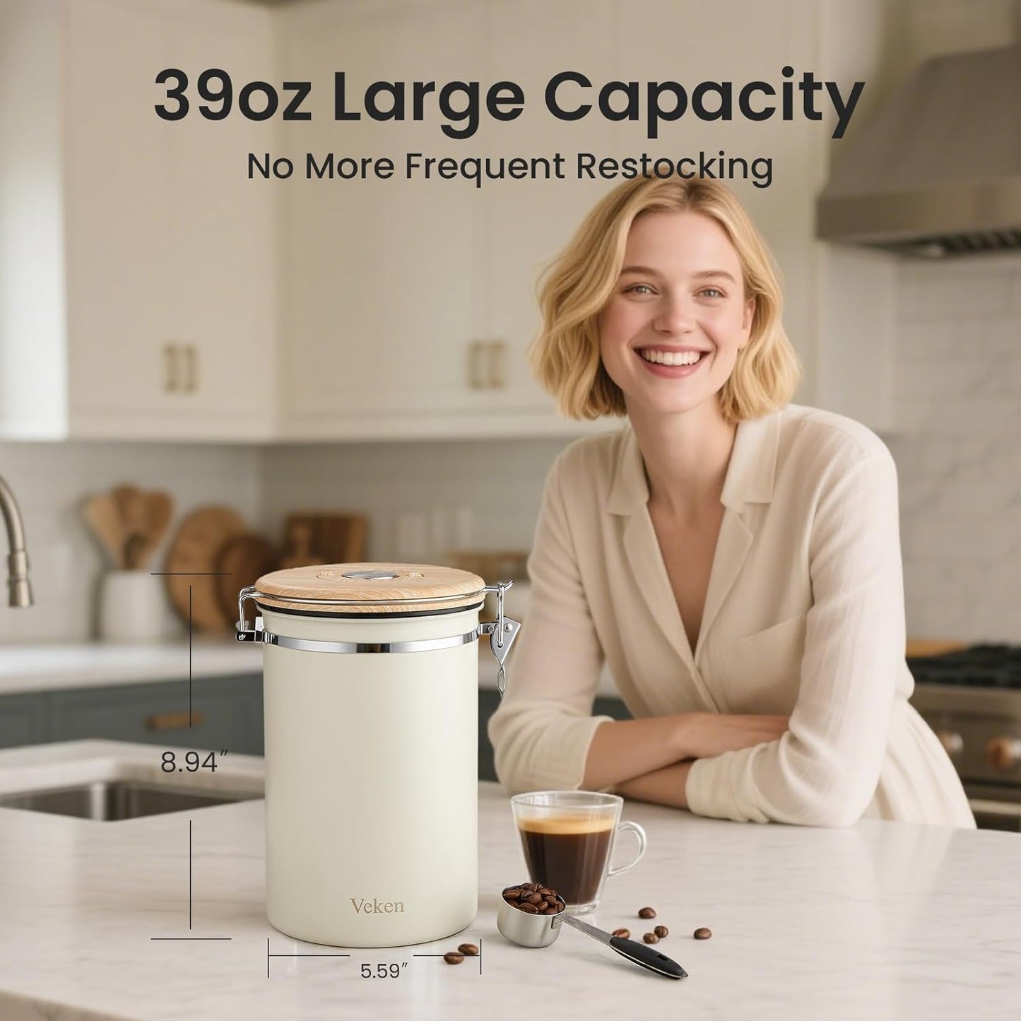 Veken Coffee Canister, Airtight Stainless Steel Kitchen Food Storage Container with Date Tracker and Scoop for Beans, Grounds, Tea, Flour, Cereal, Sugar, Cookie, 16OZ, Cream