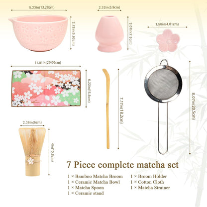 Matcha Whisk Set, Complete 7-in-1 Matcha Set Includes Matcha Bowl, Bamboo Whisk (100+ Prongs) & Holder, Bamboo Scoop & Rest, Stainless Sifter, Tea Towel, Ideal Matcha Kit for Making Matcha (pink)