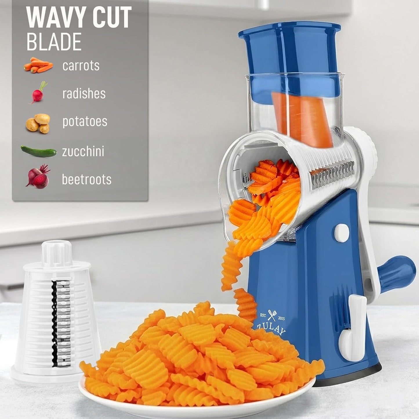 Zulay Kitchen Rotary Cheese Grater 5 Blade Cheese Shredder - Manual Hand Crank Cheese Grater With Reinforced Suction & 5 Interchangeable Drums - Easy to Use, Vegetable Chopper Round Mandoline Slicer - Colors B