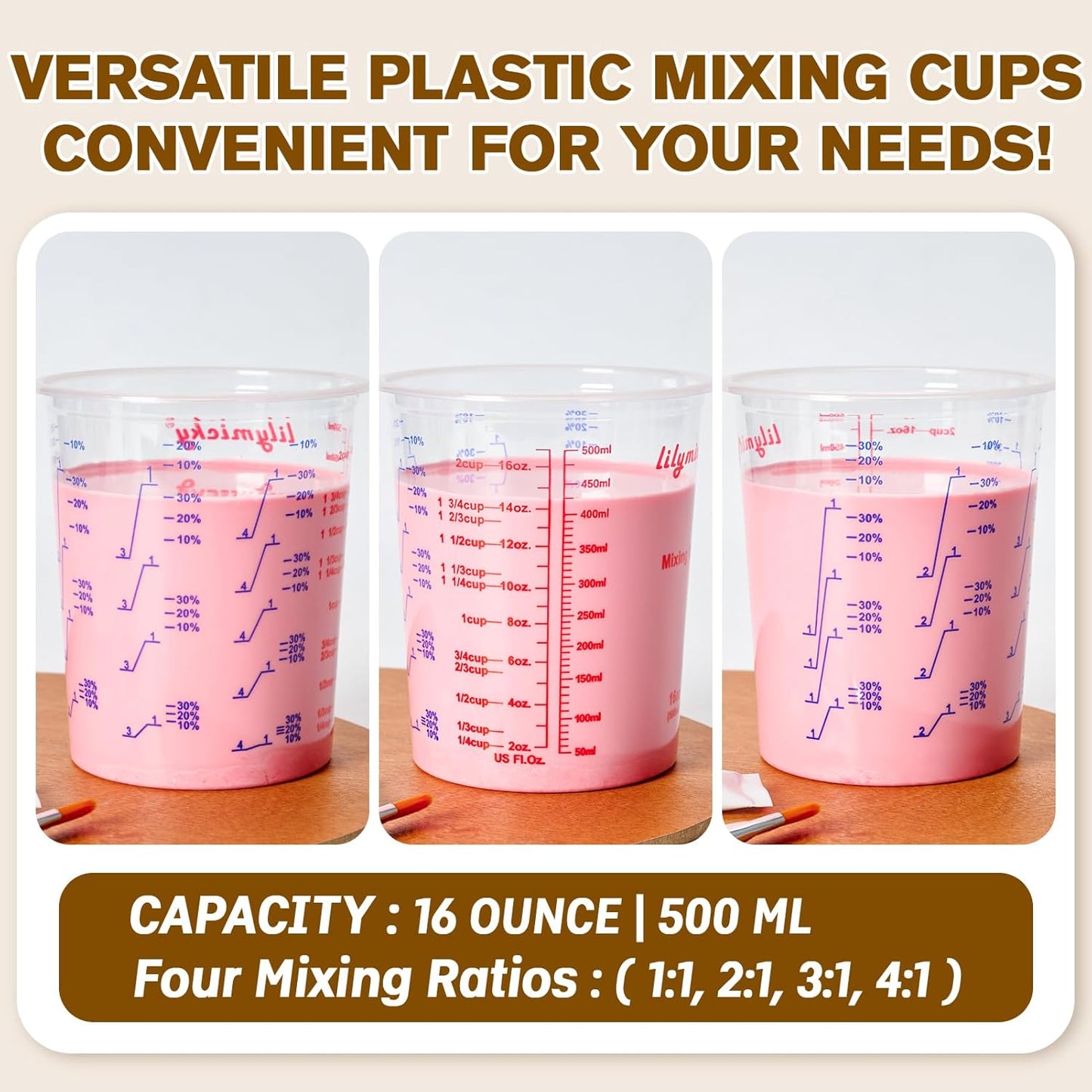 Lilymicky 16 oz Plastic Mixing Cups, 50 Pack 16 oz (500ml) Disposable Measuring Cups with 50 Wooden Mixing Sticks, Can Be Used for Epoxy Resin, Liquid Measuring, Paint, Cooking and Baking