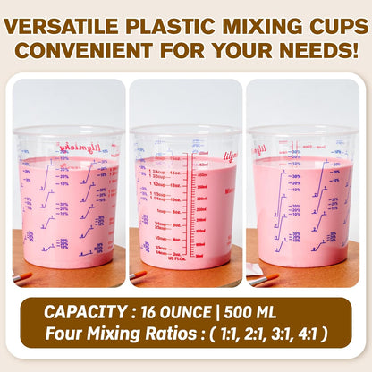 Lilymicky 16 oz Plastic Mixing Cups, 50 Pack 16 oz (500ml) Disposable Measuring Cups with 50 Wooden Mixing Sticks, Can Be Used for Epoxy Resin, Liquid Measuring, Paint, Cooking and Baking