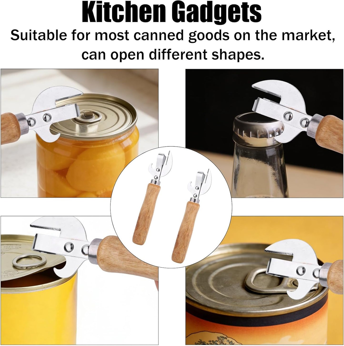 2pcs Japanese Manual Can Opener with Wooden Handle, Simple Vintage Side Cut Stab Hand Held Can Opener, Compact Efficient Old Fashioned Kitchen Tool Gadget Appliance Accessories for Tin Cap Bottles