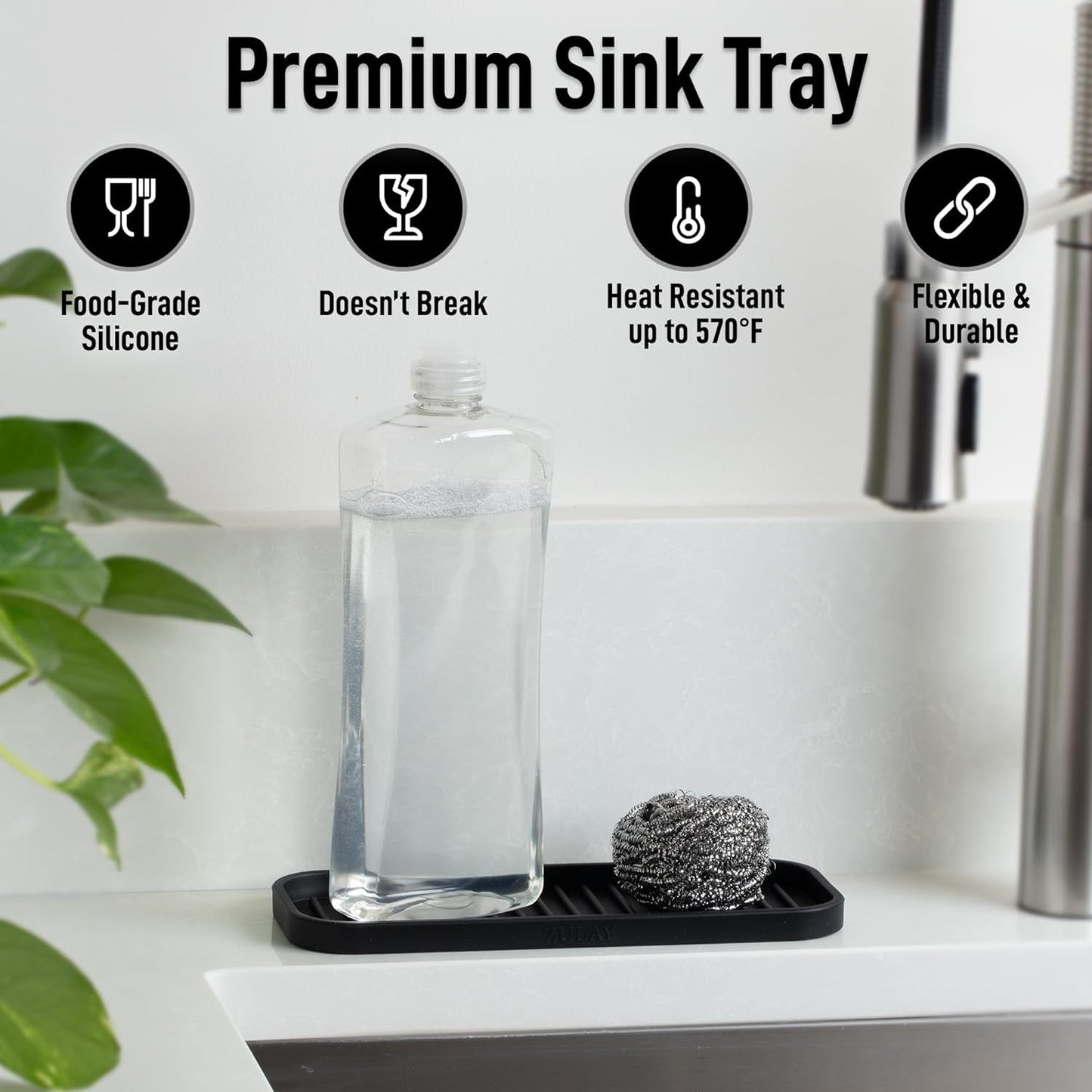 Zulay Kitchen (9x3.5in Sponge Holder for Kitchen Sink - Flexible Heavy-duty Multipurpose Sink Caddy - Counter Organizer for Kitchen, Bathroom, Makeup, Trinkets & More! (Grey)