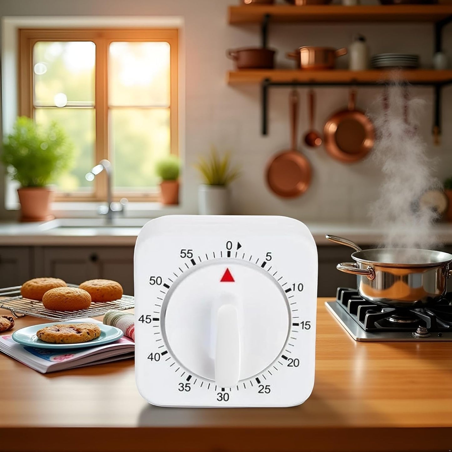 White Timer Clock Square 60-Minute Mechanical Kitchen Timer, No Batteries Required Ideal for Cooking Baking and Kitchen Timer, Wind up Visual Cooking Clock with Loud Alarm, Kitchen Supplies
