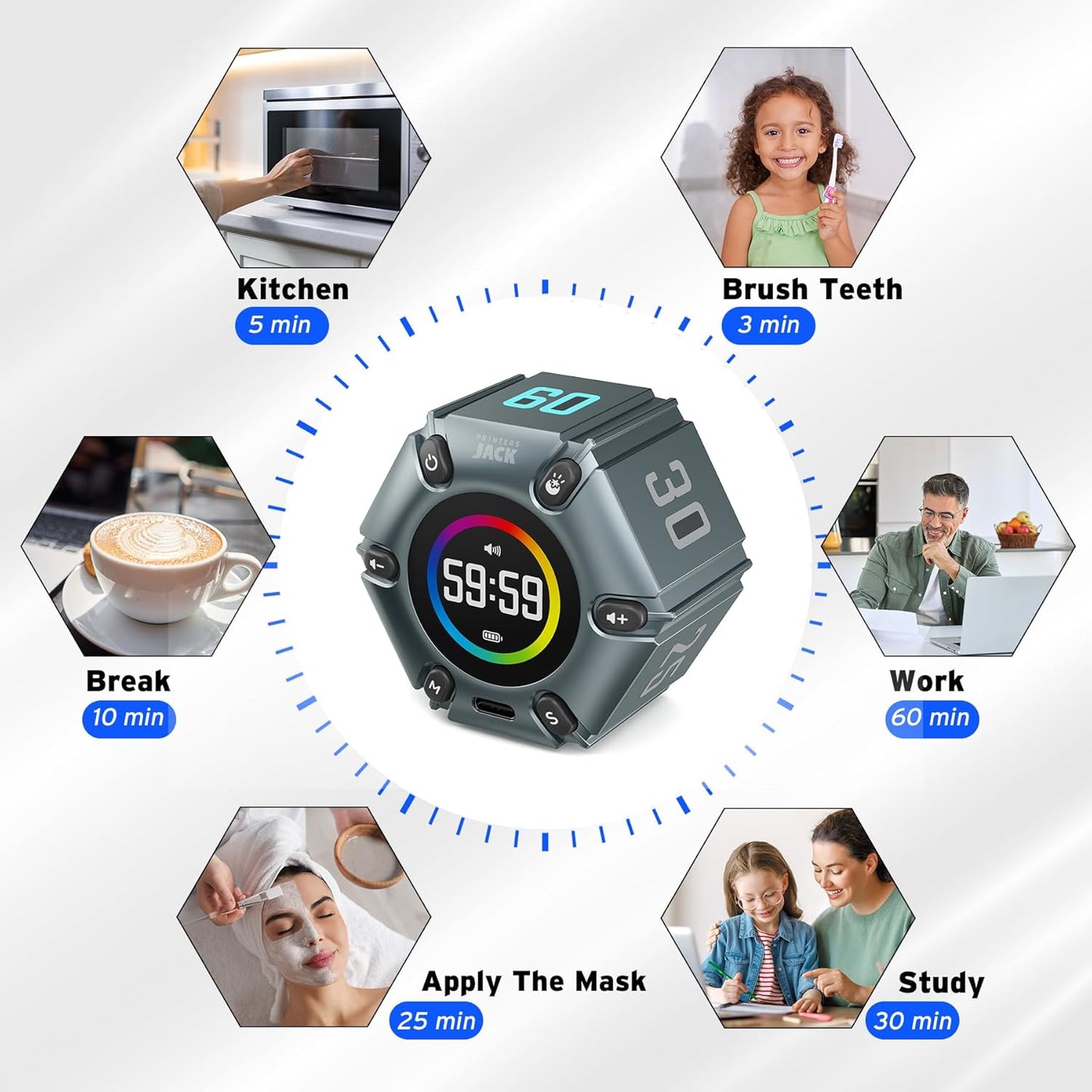 Pomodoro Timer, Magnetic Visual Timer with Flip Countdown, Silent & Alarm, Tools for Anyone, Cube Digital Timer for for Work, Kitchen Cooking, Study, 3/5/10/25/30/60min & Custom Countdown - Turquoise