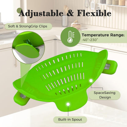 Clip-On Silicone Strainer for Pots, Heat-Resistant Handsfree Pasta & Vegetable Colander, Space-Saving Kitchen Gadget for Noodles, Veggies & Berries (Grey)