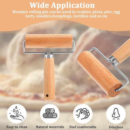 2 Pcs Baking Wooden Rolling Pins T-shape Pizza Dough Roller Pin Non-Stick Baker Pastry Roller Set for Tortilla Cookie Dumpling Home Kitchen Baking Cooking