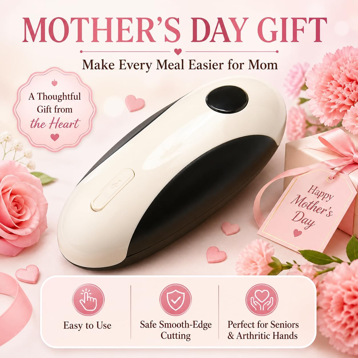 Electric Can Opener for Seniors - One Touch Automatic Kitchen Gadget, Smooth Edge Design for Safety & Arthritis-Friendly Use, Works with All Can Sizes