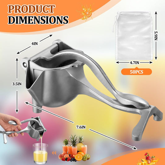 Aluminium Alloy Manual Fruit Juicer with 50 Pcs Filter Bag, Heavy Duty Squeezer Juicer Handheld Juice Extractor for Single Citrus Orange Pomegranates Fruit Lemon Lime