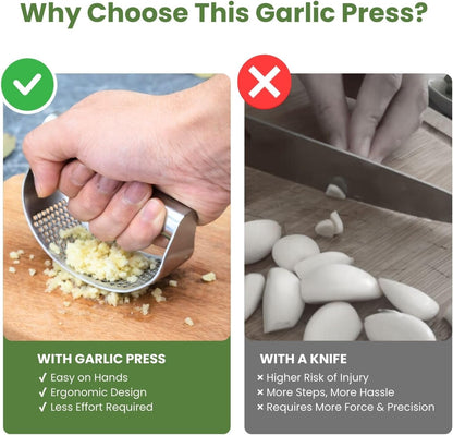 Garlic Press Rocker 304 Stainless Steel Garlic Mincer & Crusher with Silicone Peeler and Cleaning Brush, Ergonomic Dishwasher Safe Garlic Chopper Kitchen Gadget for Seniors & Home Cooks