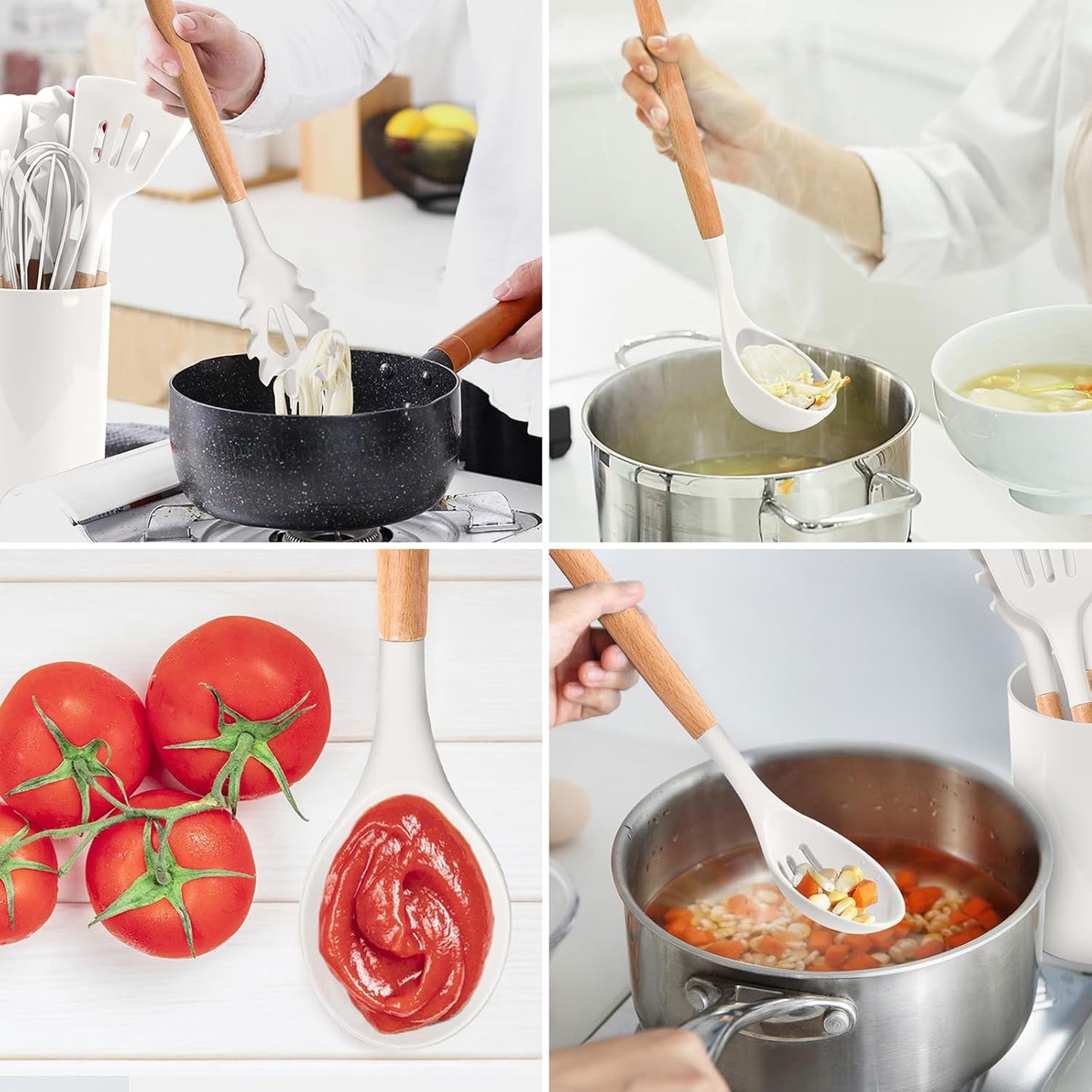 E-far Cooking Utensils Set of 6, Silicone Kitchen Utensils with Wooden Handle, Non-stick Cookware Friendly & Heat Resistant, Includes Spatula/Ladle/Slotted Turner/Serving Spoon/Spaghetti Server(Khaki)