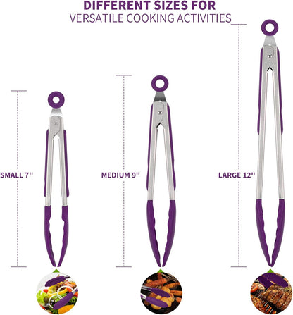 600ºF Heat Resistant Kitchen Tongs: U-Taste 7/9/12 inch Silicone Cooking Tong Set with Non Stick Rubber Tips and Silicon Coated 18/8 Stainless Steel Handle for Serving Grilling Salad(Midnight Blue)