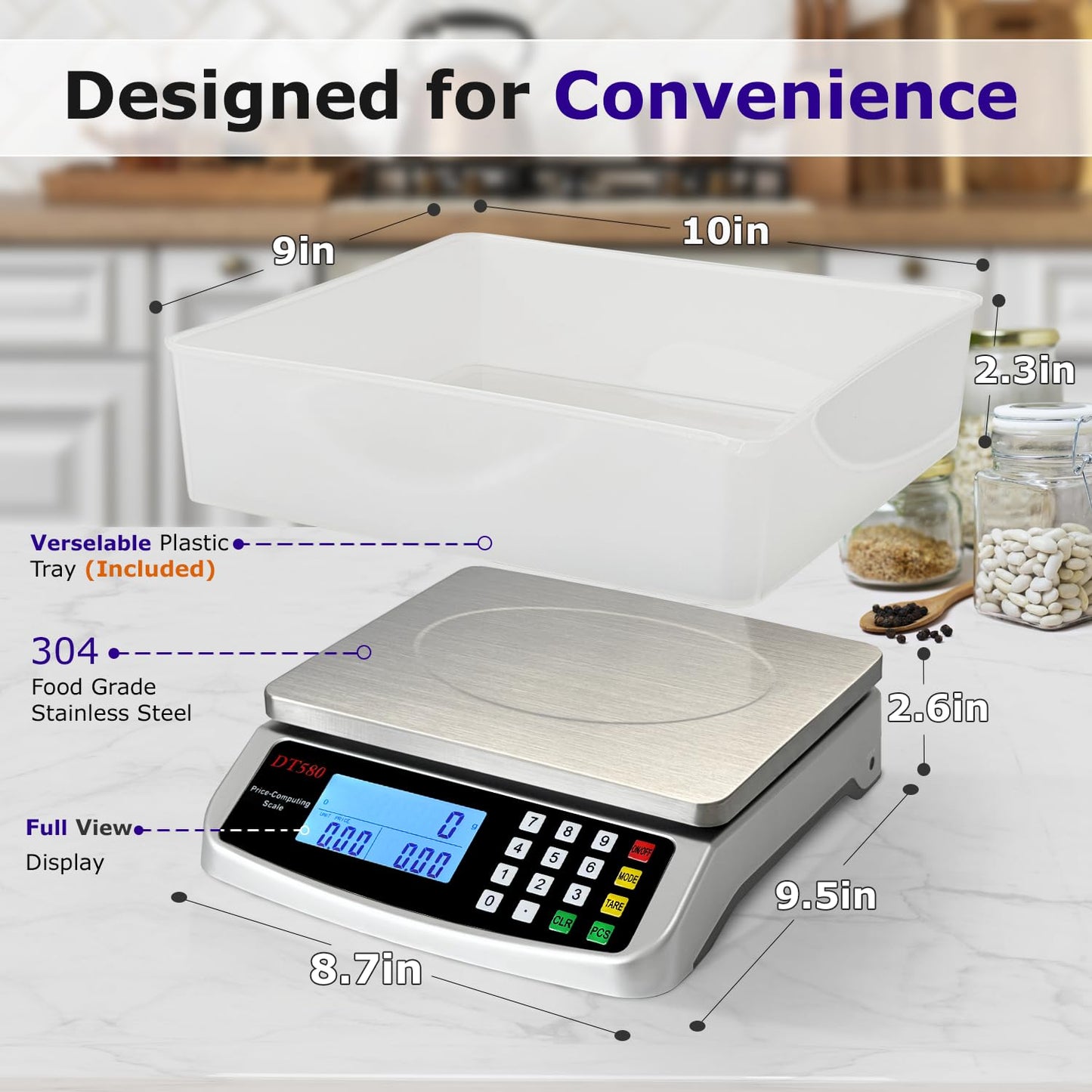 Large Digital Kitchen Scale 40kg/88lb Stainless Steel Price Computing Scale Counting Scale Deli Scale with LCD Display for Baking Bread Cooking Meat Prep Parts and Coins Adapter Included