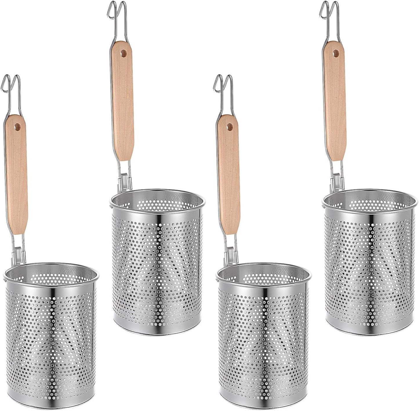 4pcs Pasta Strainer 15'' × 5.5'' Stainless Steel Pasta Basket Mesh Cooker with Wood Handle Kitchen Mesh Spider Noodle Strainer Skimmer for Boiling Food Dumpling Noodle Blanching Basket