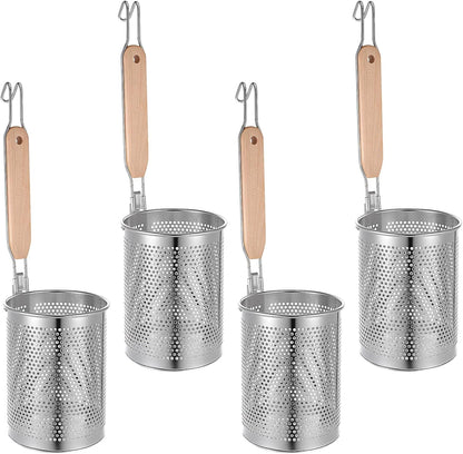4pcs Pasta Strainer 15'' × 5.5'' Stainless Steel Pasta Basket Mesh Cooker with Wood Handle Kitchen Mesh Spider Noodle Strainer Skimmer for Boiling Food Dumpling Noodle Blanching Basket