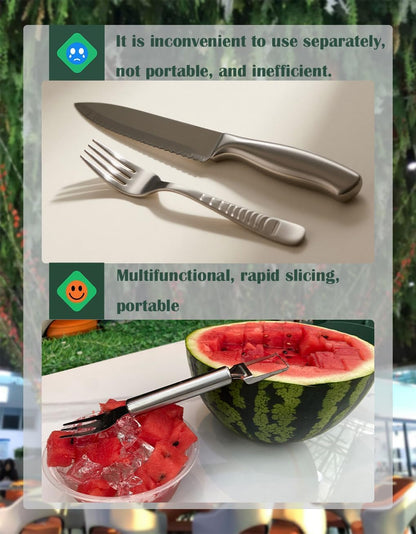 2-in-1 Stainless Steel Watermelon Slicer Fork, Kitchen Fruit Cutter Tool for Camping and Family Gatherings,Silver watermelon fork slicer cutter,Melon Cutter,Fruit Slicer