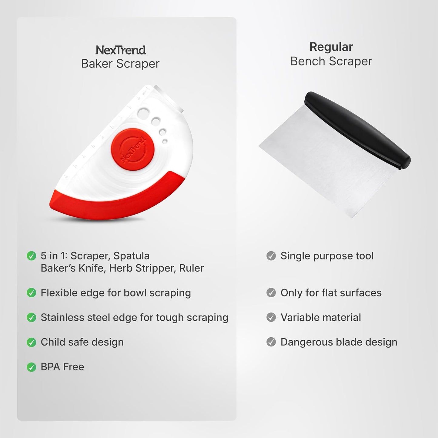 5-in-1 Dough Scraper & Flexible Bowl Scraper by Nextrend, Bread Scraper with Stainless Steel Edge, Ruler & Herb Stripper – BPA Free, Dishwasher Safe - Red