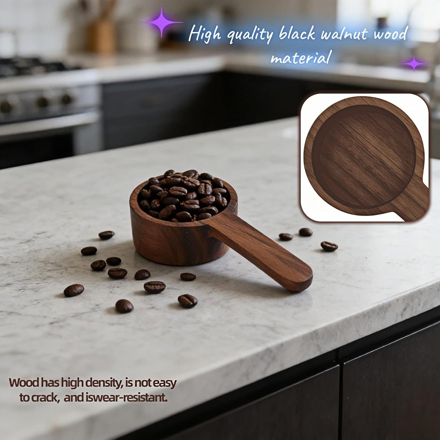 Black Walnut Wood Coffee Scoop, Measuring Spoon for Coffee Beans, Tea, Flour and Oats, Natural Texture, 3.86 Inch