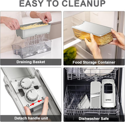 QYKIC Upgrade Safe Mandoline Slicer for Kitchen, Vegetable Chopper and Slicer, Potato Slicer Thickness Adjuster, French Fry Cutter, Veggie Onion Dicer Faster Kitchen Mandolin for Meal Prep