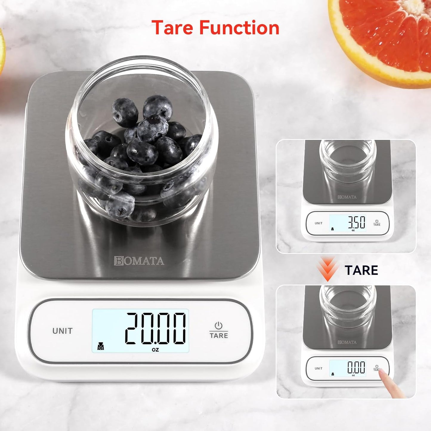 BOMATA Waterproof IPX6 Kitchen Scale, 0.1 g/0.01 oz High Precision, 5 kg/11 lbs, Digital Scale with Backlight, Stainless Steel Weighing Platform, for Food, Cooking, Baking, Weight Loss.. B619, Grey