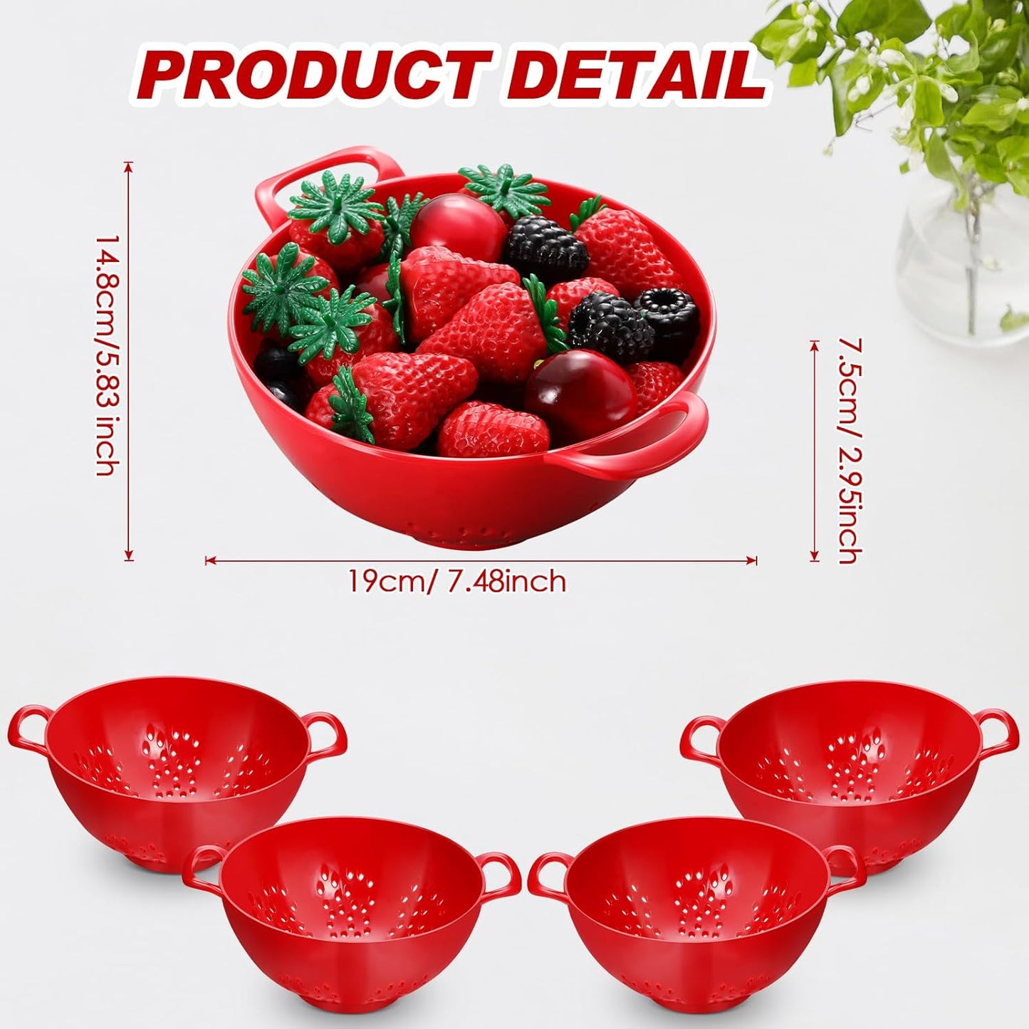 Baderke 4 Pack Mini Colander for Kitchen Plastic Berry Strainer with Double Handles 7.5 x 6 x 3 Inch Small Colander Strainer for Fruits Vegetables Food (Green, Purple, Red, Lemon Yellow)