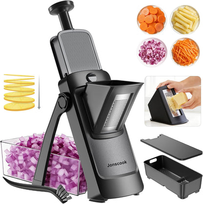 Jonscook All-in-1 Update Safe Mandoline Slicer for Kitchen, Food Chopper with Container, Thickness Adjustable Vegetable Chopper, Potato French Fry Cutter Tomato Apple Slicer Onion (BlackKnight)