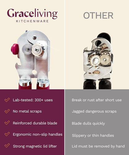 Premium Multifunction Magnetic Manual Can Opener and Bottle Opener, Heavy Duty Stainless Steel Sharp Cutting Blade and Oversized Easy Turn Knob, Soft-Touch Handle, Kitchen Use, Mauve