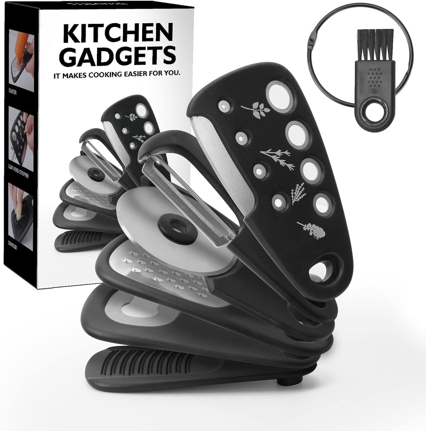 Kitchen Gadgets Set 6 Pieces, Space Saving Cooking Tools Kitchen Accessories-Garlic/Ginger Grinder, Cheese Grater, Vegetable/Fruit Peeler, Pizza Cutter, Herb Stripper, Bottle Opener, Gadgets Gift Set