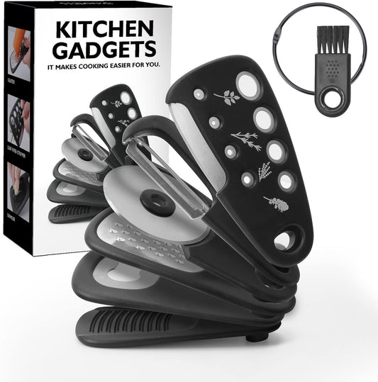 Kitchen Gadgets Set 6 Pieces, Space Saving Cooking Tools Kitchen Accessories-Garlic/Ginger Grinder, Cheese Grater, Vegetable/Fruit Peeler, Pizza Cutter, Herb Stripper, Bottle Opener, Gadgets Gift Set