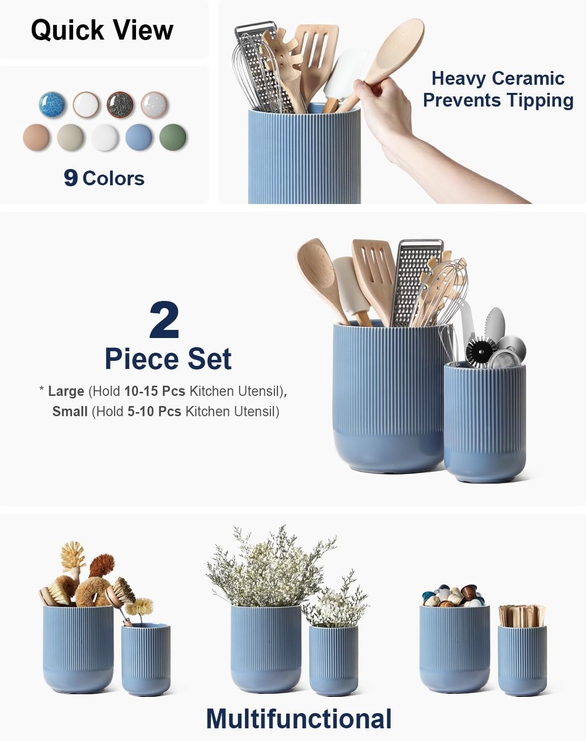 LE TAUCI Utensil Holder for Kitchen Counter, 7.3"+5.4" Fluted Ceramic Utensil Crock Organizer for Countertop, Heavy Large Holder for Spatulas, Spoons, Set of 2, White, Kitchen Counter Decor