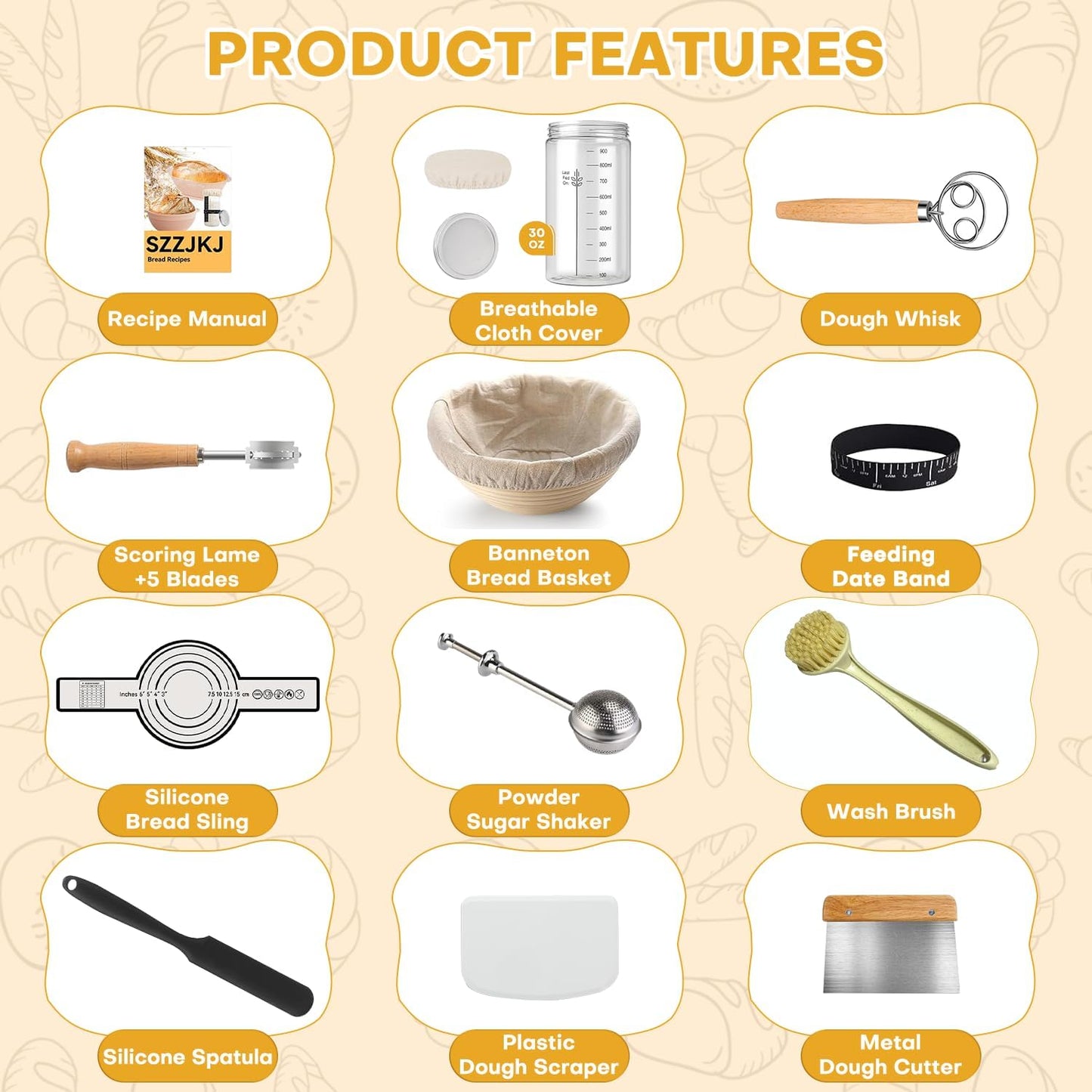 Sourdough Starter Kit, Sourdough Kit Include Banneton Proofing Basket, Sourdough Starter Jar, Bread Lame, Dough Scraper, Dough Whisk Scraper and Silicone Bread Sling
