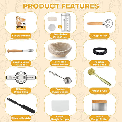 Sourdough Starter Kit, Sourdough Kit Include Banneton Proofing Basket, Sourdough Starter Jar, Bread Lame, Dough Scraper, Dough Whisk Scraper and Silicone Bread Sling
