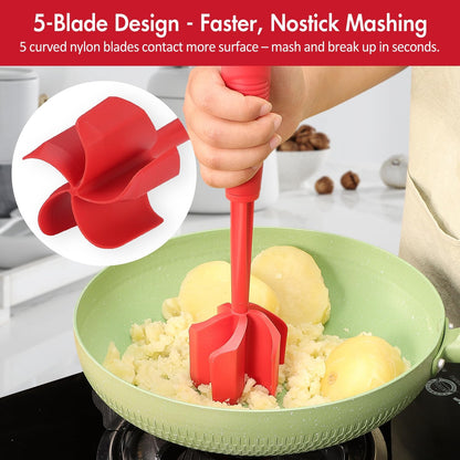 Ourokhome Meat Chopper and Potato Masher, Heat Resistant Nylon Ground Beef Smasher for Hamburger, 5 Curved Blades Nonstick Mixer & Stirrer, Practical Kitchen Gadgets, Black