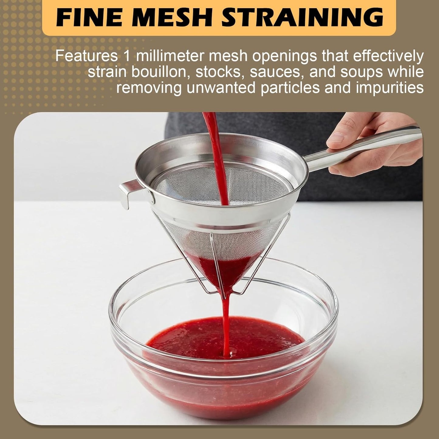 Stainless Steel Bouillon Strainer, 8-Inch Conical Fine Mesh, Heavy-Duty with Support Ring