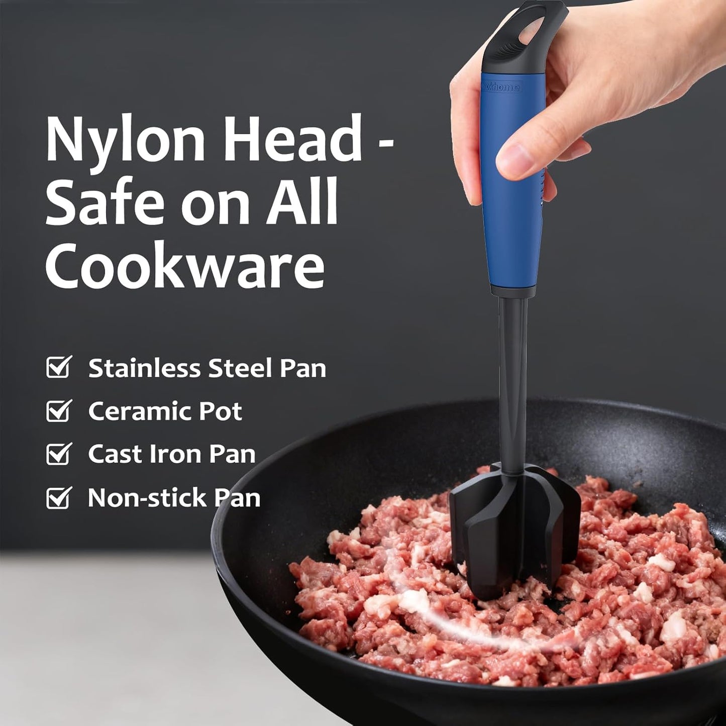 Ourokhome Meat Chopper and Potato Masher, Heat Resistant Nylon Ground Beef Smasher for Hamburger, 5 Curved Blades Nonstick Mixer & Stirrer, Practical Kitchen Gadgets, Black