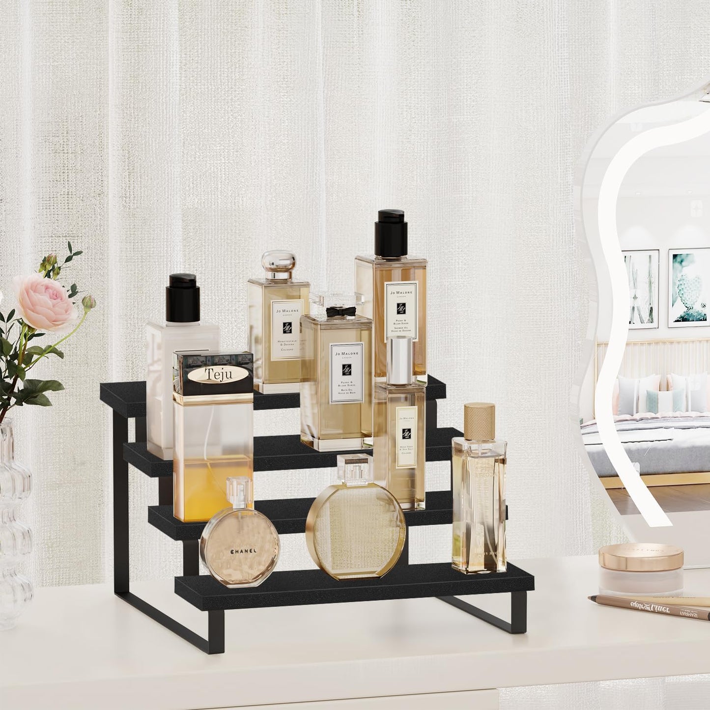 YINMIT Wooden Display Riser Stand, Tiered Perfume and Cologne Organizer Stand, 4 Tier Spice Rack Organizer, Rustic Display Shelf for Candles (4 Tier)