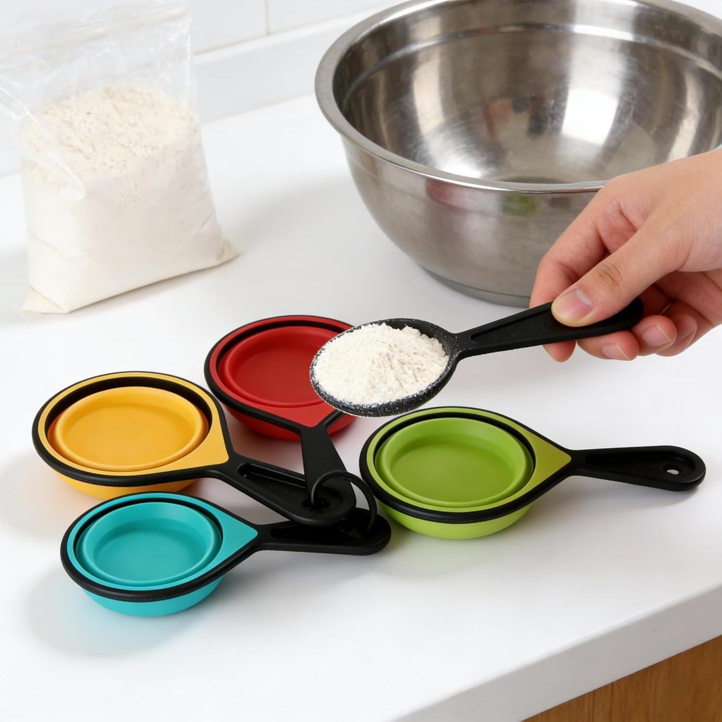 Adjustable Measuring Spoons & Cups Set, 8-Piece.Collapsible Silicone Measuring Cups & Flat Folding Spoons. Dishwasher Safe, Space-Saving Design for Baking, Cooking, and Camping.