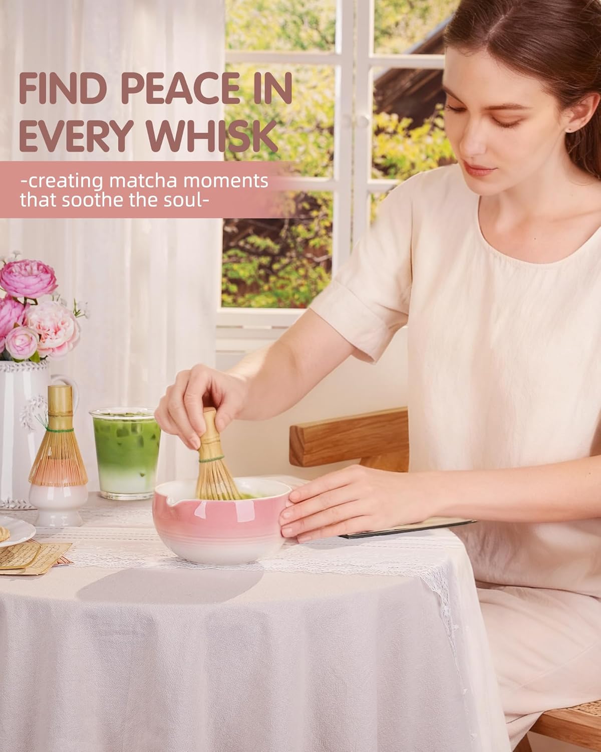 ZENS Pink Matcha Set, Matcha Whisk Set Includes 15oz Ceramic Bowl & (Chasen Holder), Bamboo Whisk & Scoop, Sifter and Pink Tea Towel, 6pcs Matcha Kit for Matcha Lovers
