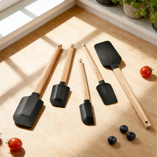 Silicone Spatula Set 5PCS Non-Stick,Ergonomic Wooden Handle, 600°F Heat Resistant - Food Grade Tools for Baking, Mixing, Frosting,Kitchen Cooking