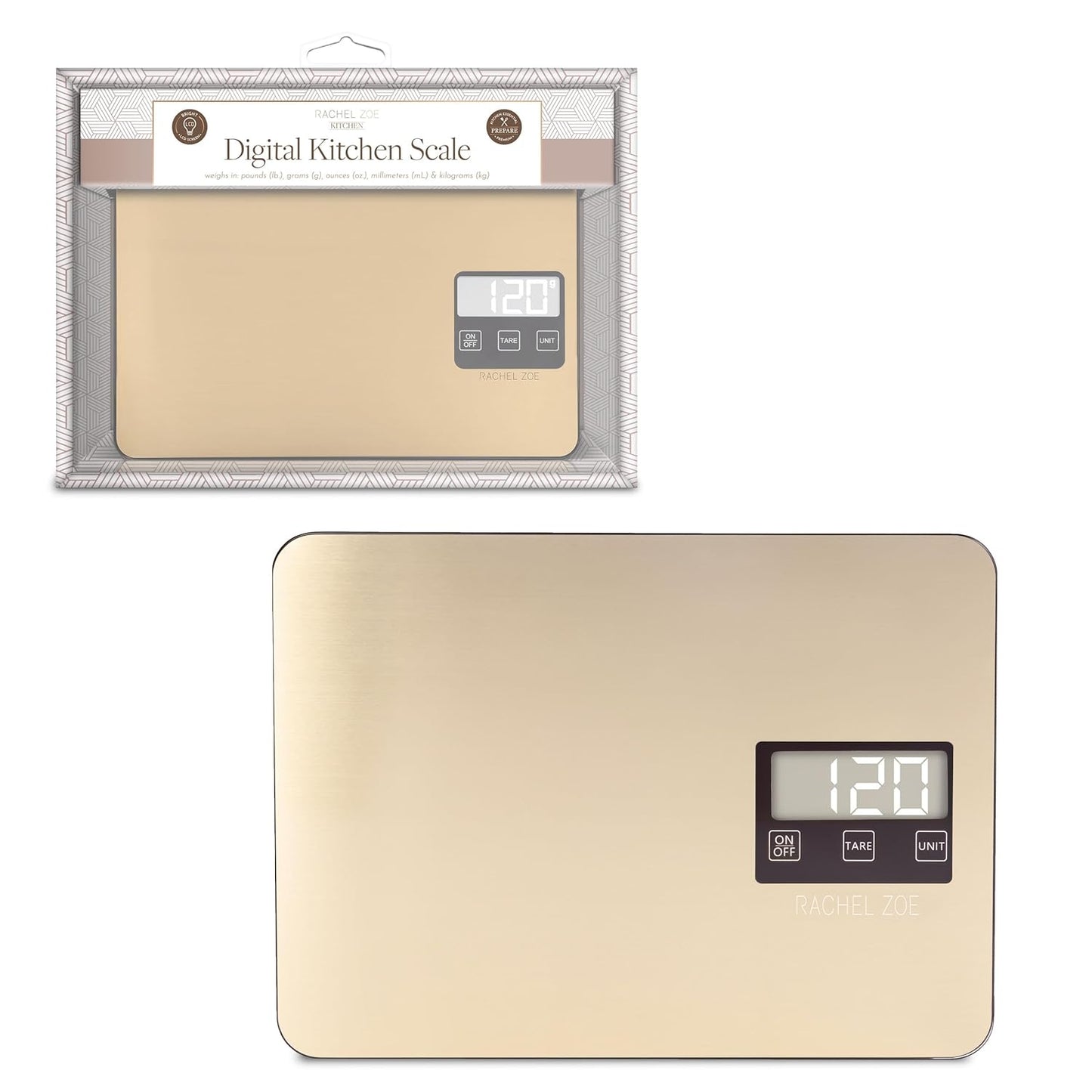 Rachel Zoe Digital Kitchen Food Scale with Non-Slip Base for Home and Kitchen, Measures in Pounds, Grams, Milliliters & Kilograms, Battery Operated Aluminum Electric Scale for Meals, Baking & Diets