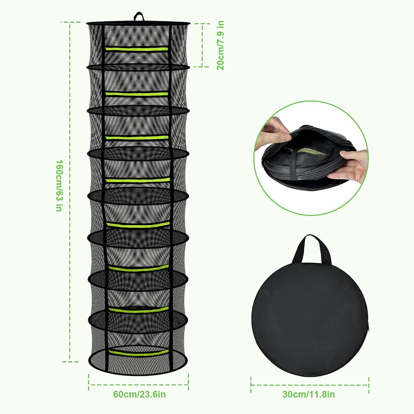 MEKOLIFE Herb Drying Rack Hanging-8 Layer, Collapsible Large Capacity Mesh Net with Green Zipper, Hooks & Bonus Garden Scissors, for Fresh Herbs/Flowers/Plants, Indoor Outdoor Use (23.62")