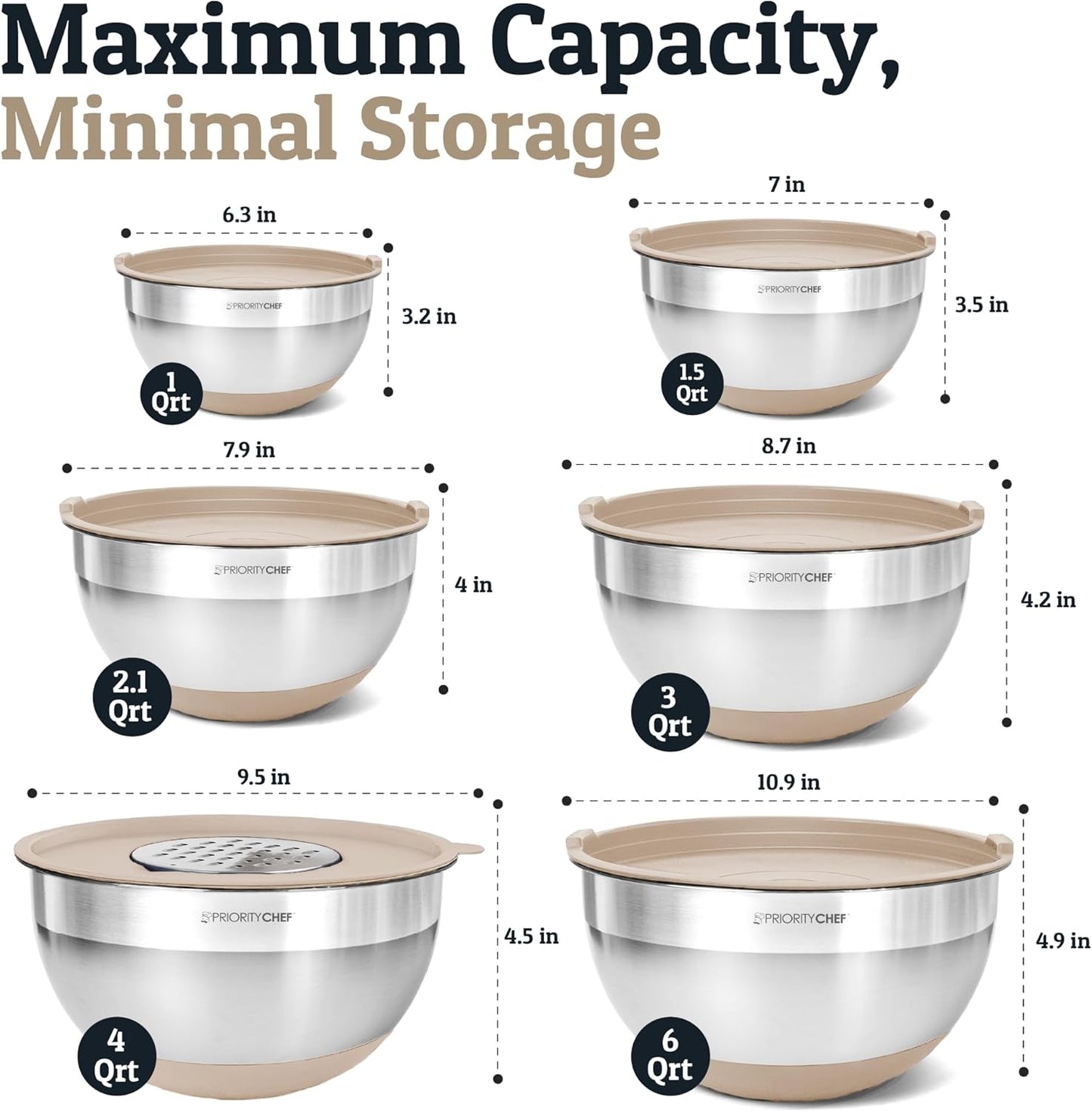 Priority Chef 6Pc Large Mixing Bowls With Lids Set with Non-Slip Bases, Stainless Steel Mixing Bowl Set, 6 Airtight Lids and 3 Graters, Turquoise
