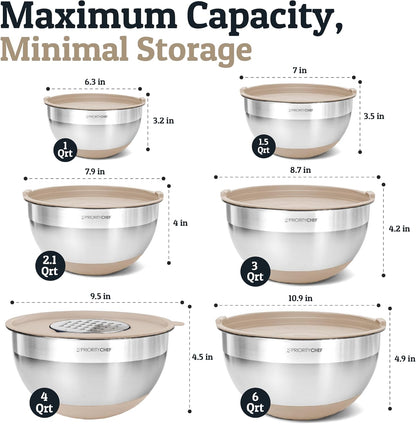 Priority Chef 6Pc Large Mixing Bowls With Lids Set with Non-Slip Bases, Stainless Steel Mixing Bowl Set, 6 Airtight Lids and 3 Graters, Turquoise
